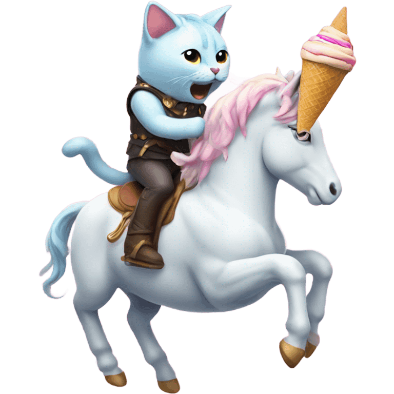 Cat riding a unicorn with ice cream emoji