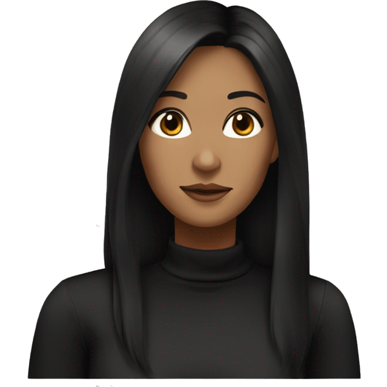 Woman with long and straight black hairs, turtle black neck shirt, brown eyes emoji