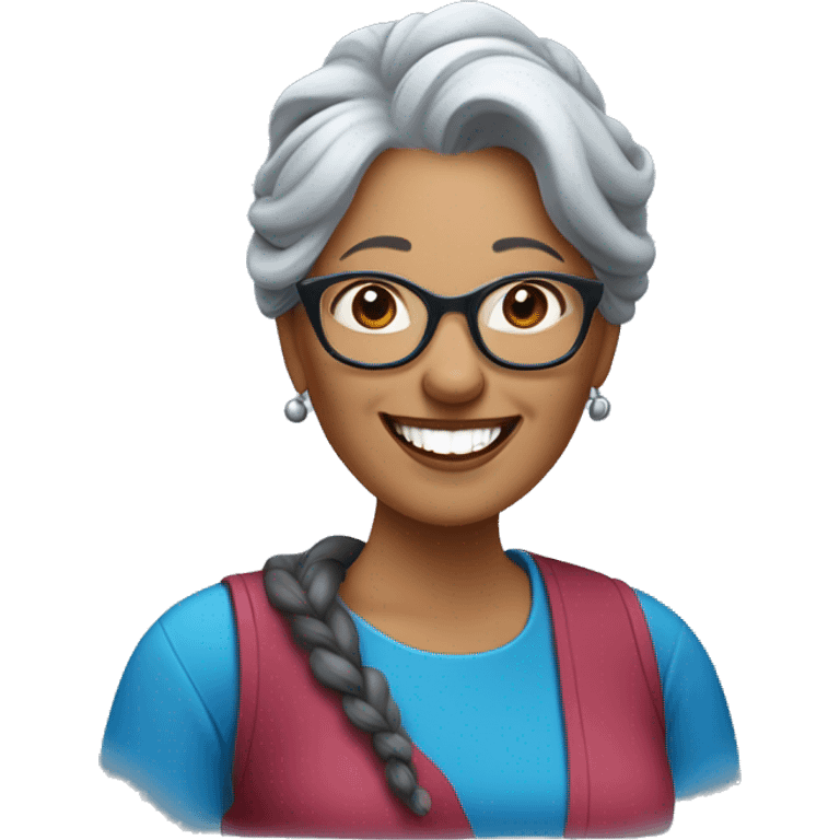 A laughing gray-haired woman with a long braid over one shoulder in a blue scoop-necked shirt with blue glasses perched on her head. Her lipstick is red emoji