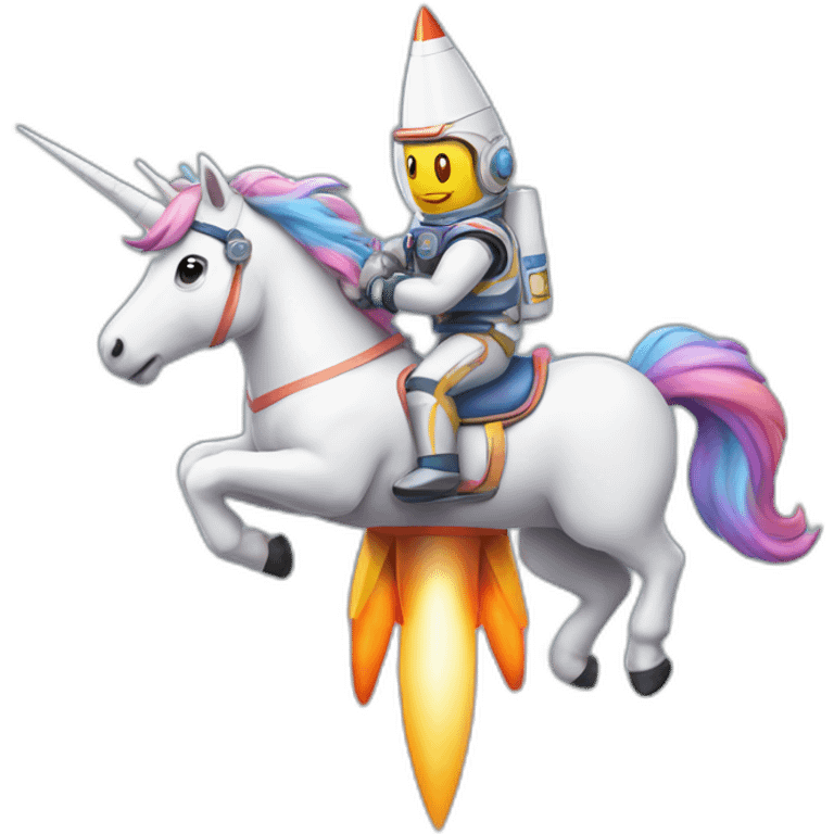 unicorn riding a rocket and the rocket flames are rainbows emoji