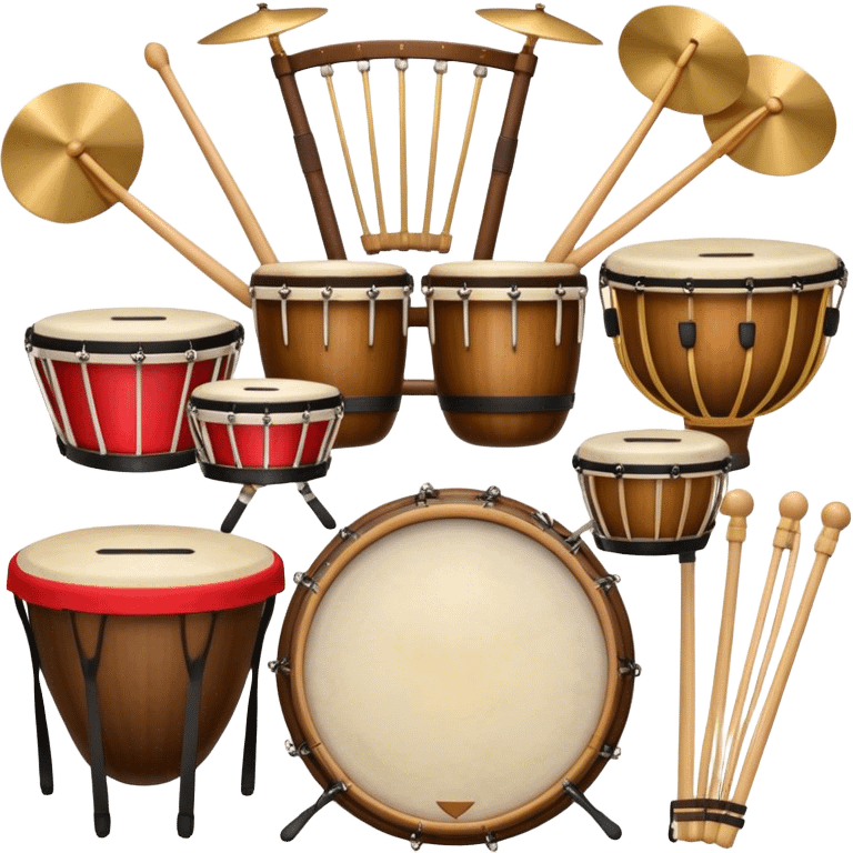 Create a professional, emblem-like emoji representing percussion instruments, including both traditional and folk drums. Feature a snare drum, bass drum, timpani, cymbals, marimba, tambourine, djembe, bongos, cajón, triangle, castanets, and ratchets in a balanced, heraldic composition. Crossed drumsticks at the center symbolize rhythm, while a ribbon of musical notes weaves around the instruments. Use rich gold, mahogany, and silver tones with polished highlights. Add laurel wreaths and subtle engravings for a grand, festive feel. The design should be harmonious, visually complete, and on a transparent background. emoji