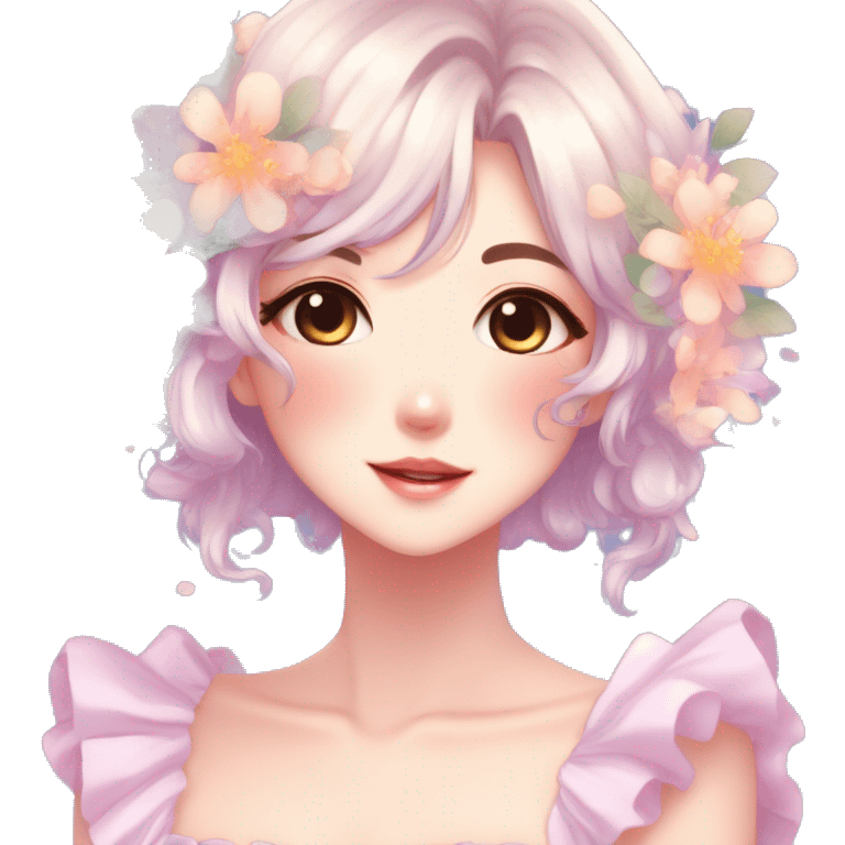 Gorgeous anime style lady blushing face dreamy idol model colorful shiny flowers kawaii pastelcore cottagecore pearly petite simplistic aesthetic trending style emoji