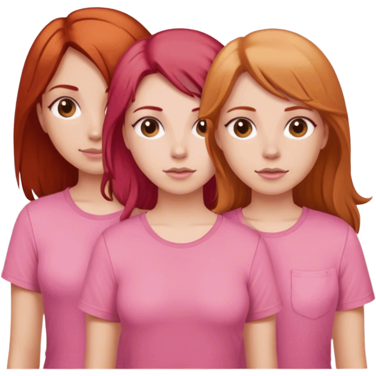 Three sisters one has red hair one has dirty blonde hair one has brown hair, all wearing pink shirt ￼ emoji