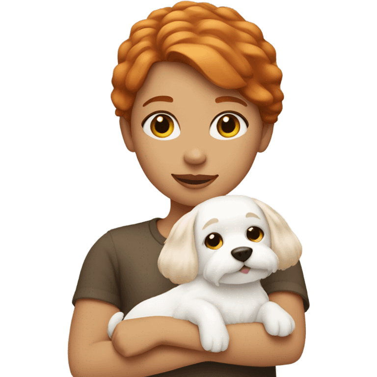 ginger hair girl holding a white fluffy dog emoji