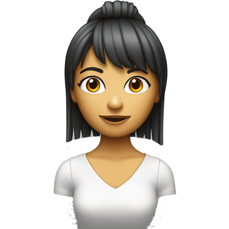 Chica con flequillo partido a la mitad y pelo rubio oscuro y piel blanca con cara de cansada y una computadora apple  emoji