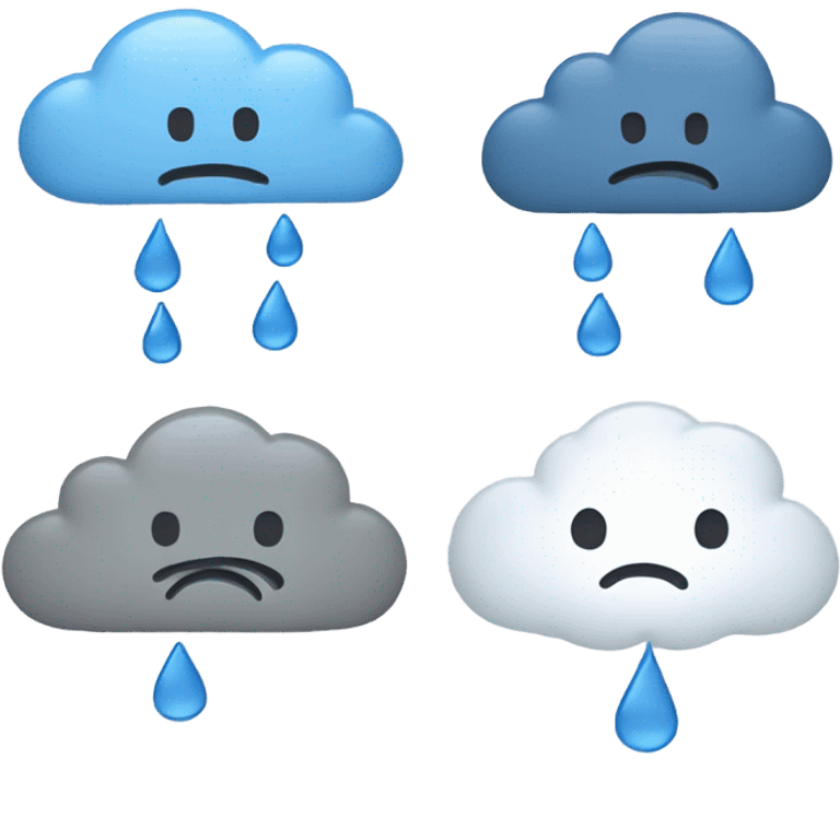 "Minimalist depression-themed emoji set with a sad face, rain cloud, broken heart, teardrop, and neutral face with thought bubble in muted gray and blue tones on white." emoji