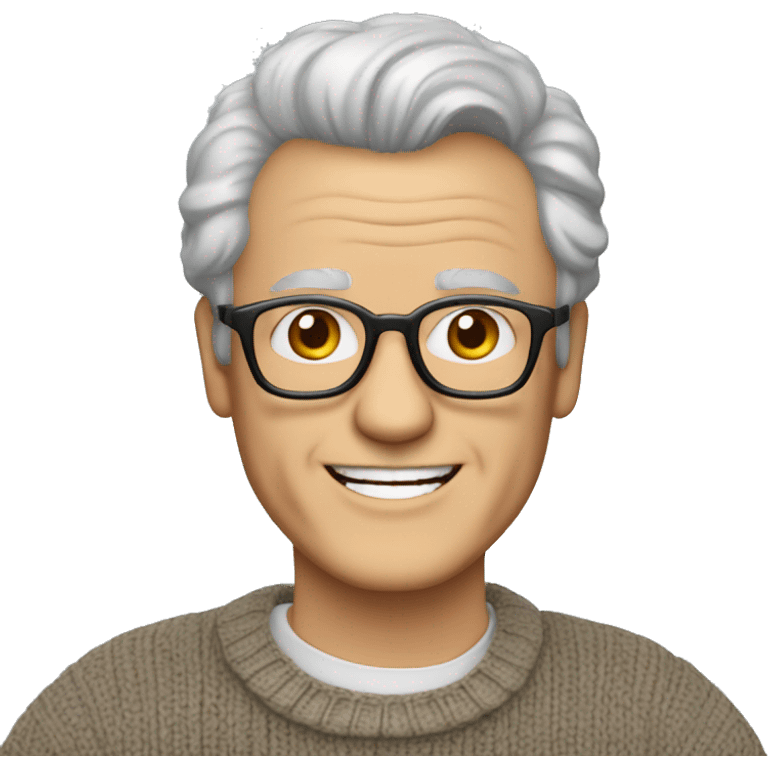 man in his late 60s with salt and pepper hair, pale skin, glasses, brown eyes, smiling wearing a sweater, collared shirt,  jeans emoji