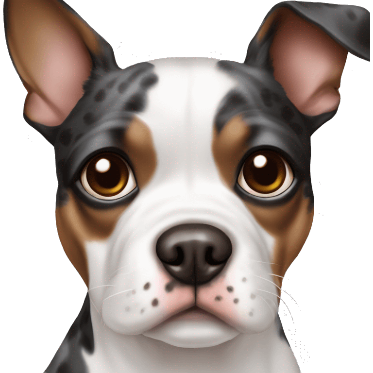 dog white with dark brown spot over right eye Boston terrier aussiedoodje mix emoji