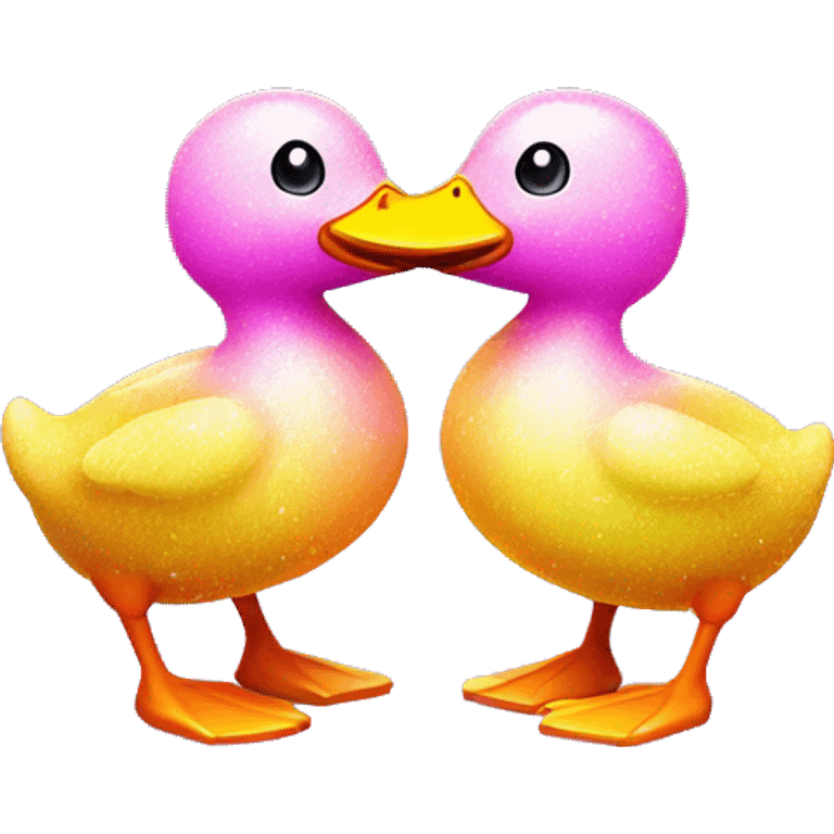 Two Kawaii Neon glitter ducks standing under a rainbow emoji