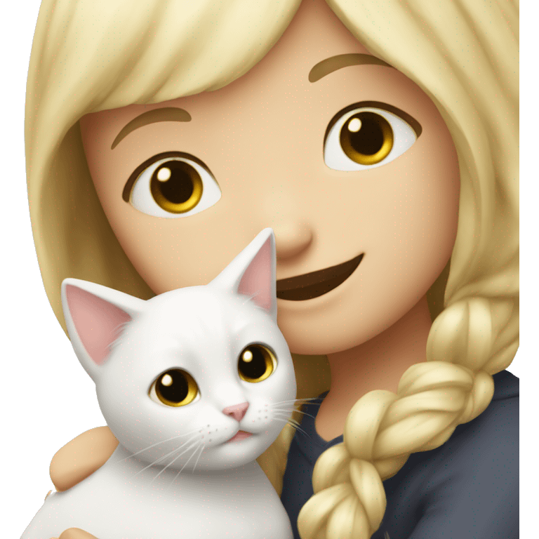 A girl with blonde hair hugs a white cat emoji