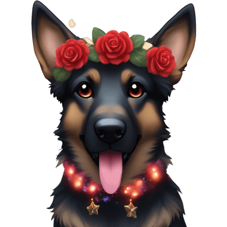 Bokeh Midnight constellation night stars Brindled striped brindle black German shepherd fox carrying glowing red lantern, fairy lights, rose flower crown, bokeh lights, out of focus blur emoji