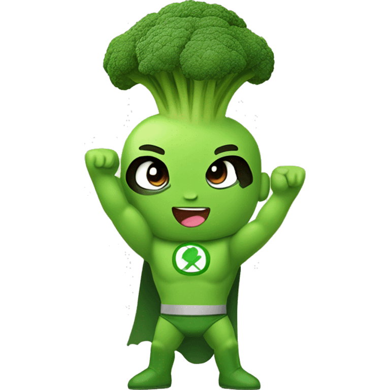 kawaii cute mini superhero with green clothes and a broccoli as hair,  full body saying hello emoji