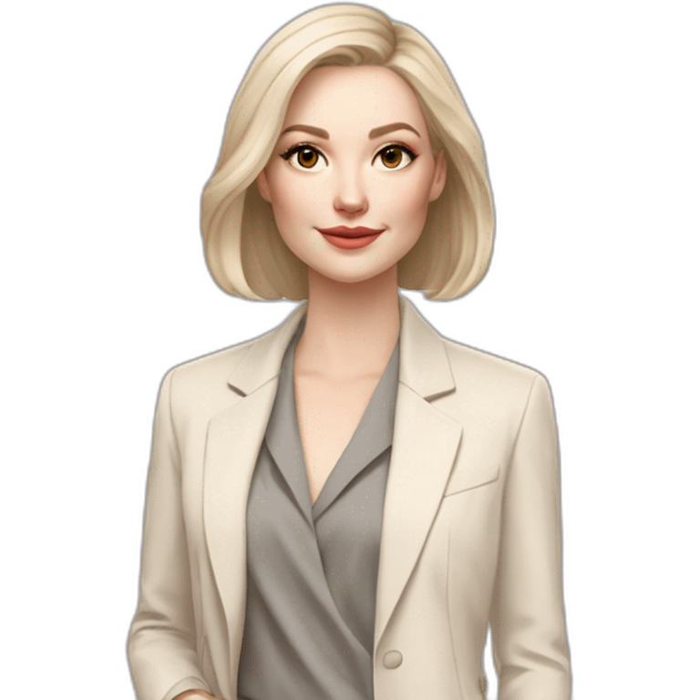 pale skin woman with ash blonde Straightened bob Hair, White Spacious classical jacket, beige palazzo Arrow pants and gray blouse holding a color palettes in the hands emoji