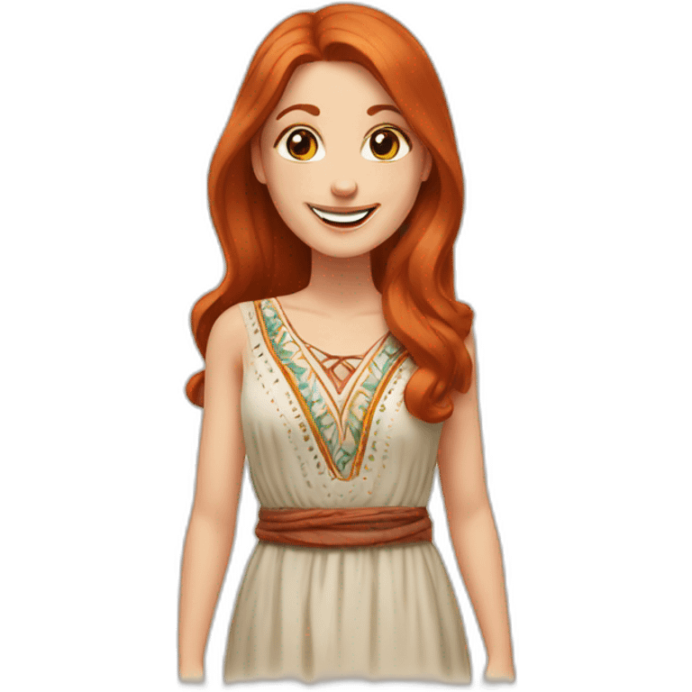 redhead white woman medium long straight hair, greets smiling, wearing boho dress emoji