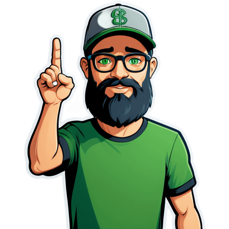 A bold man with a grey baseball cap, green eyes, big beard and glasses, waving  emoji