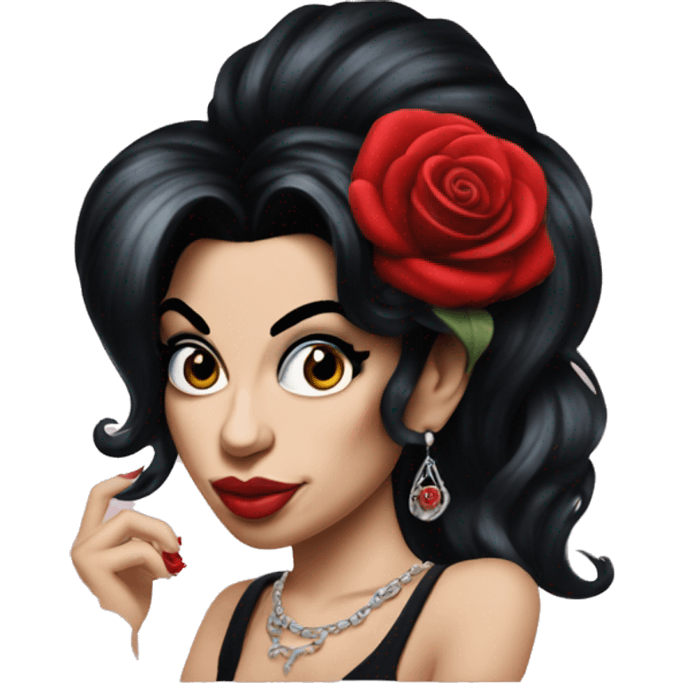 Amy Winehouse with nose piercing, hoops and red rose in hair emoji