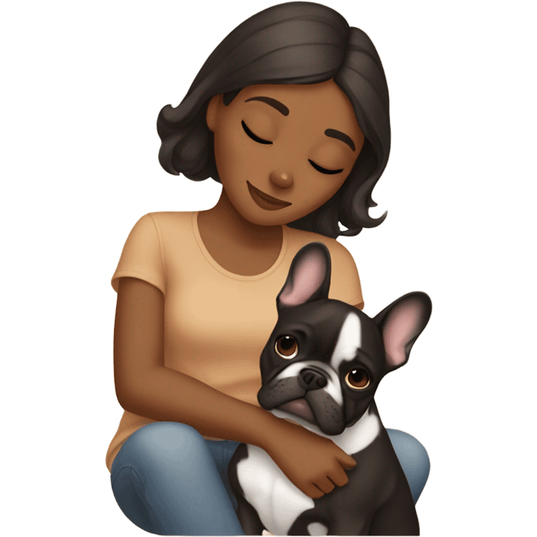 Brown girl cuddling French bulldog  emoji