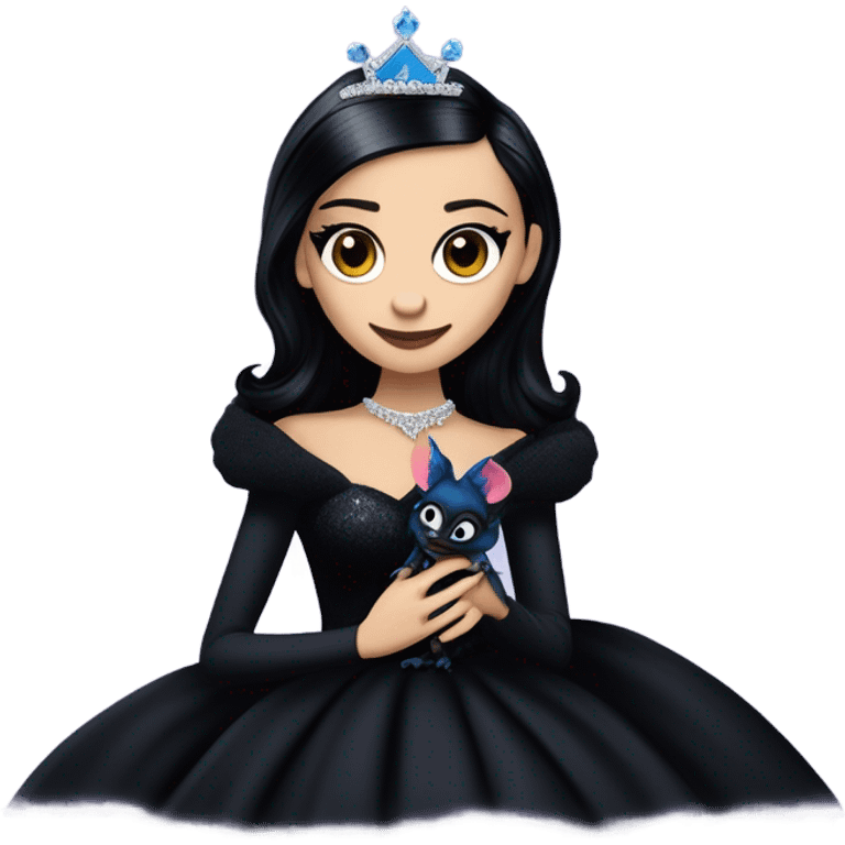 relaxed low-cut slinky black evening ball gown with lace gloves, Jenna Ortega as Morticia Addams wearing a mini diamond tiara showing off a cute blue horned dragon ventriloquist puppet emoji