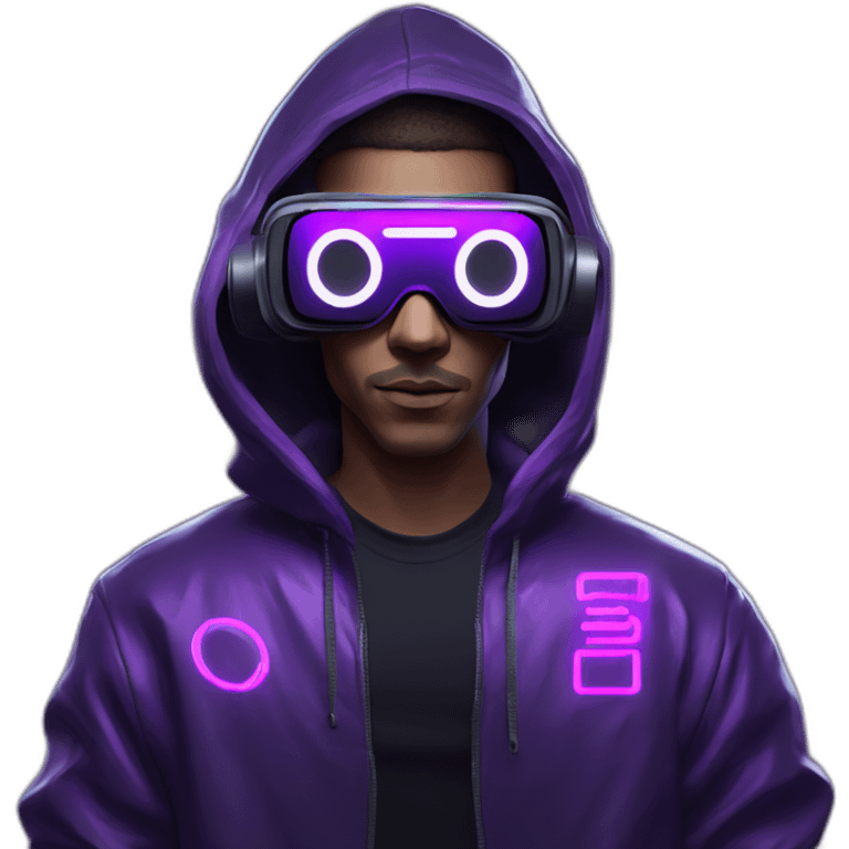 Cyberpunk style. Violet neon. Man with white-light skin in the black hoody with violet OMG VR logo on it wearing vr headset oculus quest 2 emoji