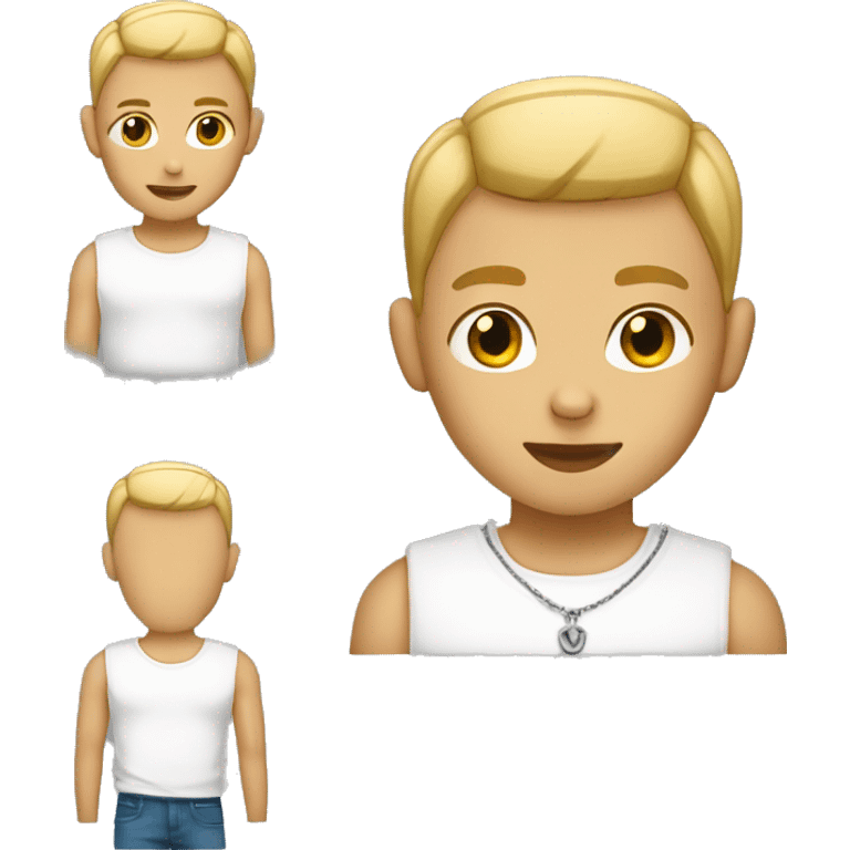 Boy with a buzz cut (blonde) and with a white t-shirt wearing a chain emoji