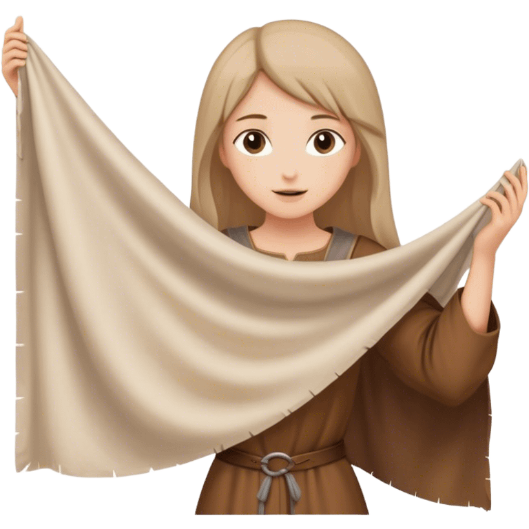 girl in brown tunic holding up a large white piece of cloth, medieval age emoji