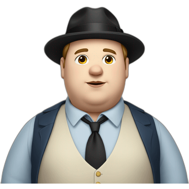 young fat white man wearing a black trilby and a blue waistcoat. no tie and brown hair emoji