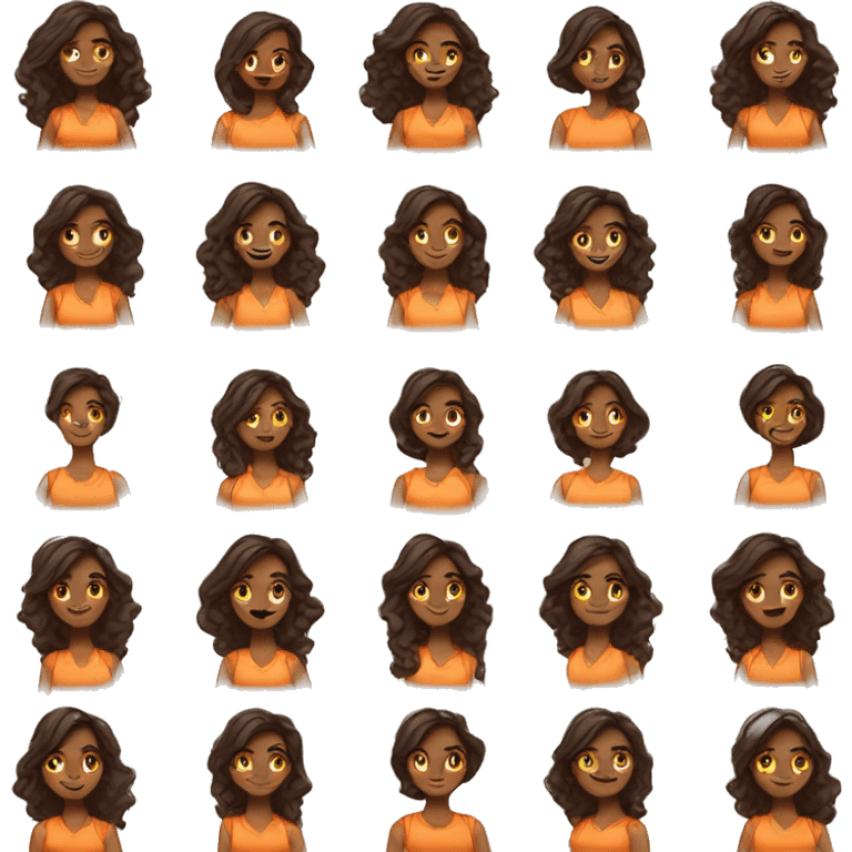 charming tanned woman wavy chocolate hair, caramel eyes, beige shirt, orange vest emoji