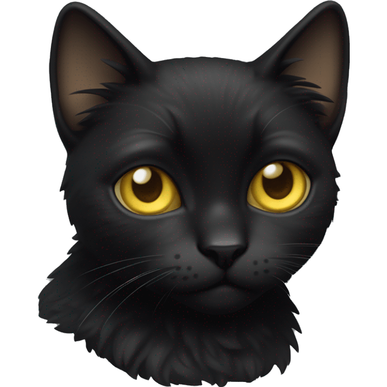 A  petite, solid black furred cat. Light yellow eyes. Black pointed tufts of fur at the very tips of ears only (tip of triangle on ear). Fully body and no other color markings. Facing forward with ears slightly tilted. emoji