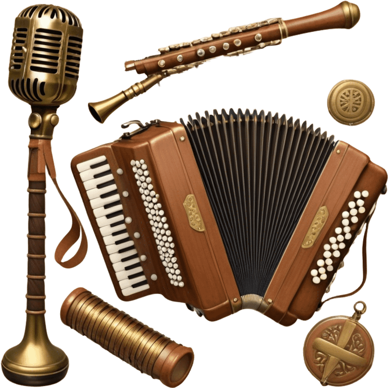 Create a colorful and cultural humanless emoji representing folk singing. The design should feature a collage of traditional folk instruments, such as a wooden flute (dudka), a button accordion (harmon), a set of gusli, and a tambourine (buben), all arranged in a harmonious, flowing design around a vintage microphone. The instruments should have earthy, natural tones like wood browns, brass accents, and vibrant colors reflecting their folk origins. Add subtle musical notes to tie the elements together, symbolizing the power of folk music. The background should be transparent. emoji