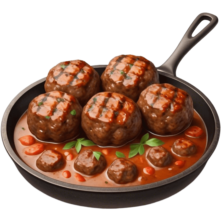 Cinematic Realistic Kofte Dish Emoji, depicted as seasoned, grilled meatballs with a charred exterior rendered with lifelike textures and robust, appetizing lighting. emoji