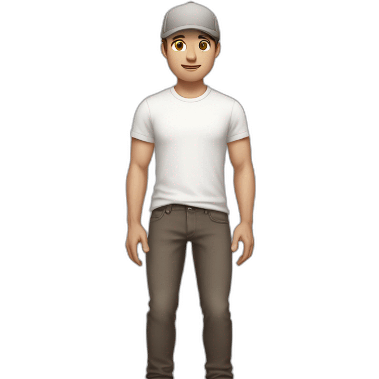 Pale skinned fit Man with dark brown hair in a light gray cap, dark brown jeans, brown polo and white T-shirt keeping a pasted with tape white box into his hands emoji