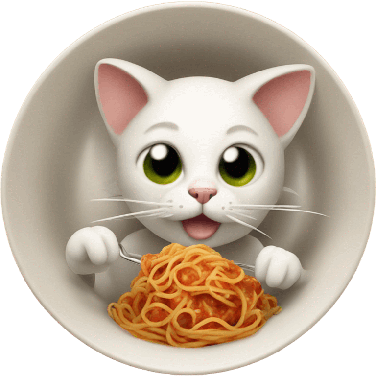 A cat eating a bowl of spaghetti in the middle of outer space with meatballs as ears whilst riding a dinosaur  emoji