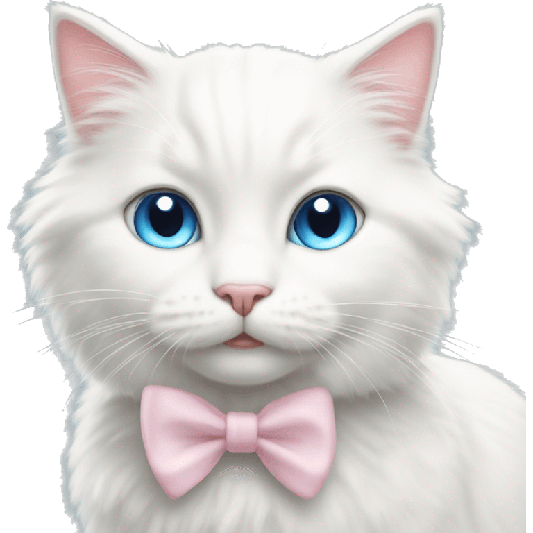 A happy cute fluffy white cat with blue eyes and a light pink bow  emoji