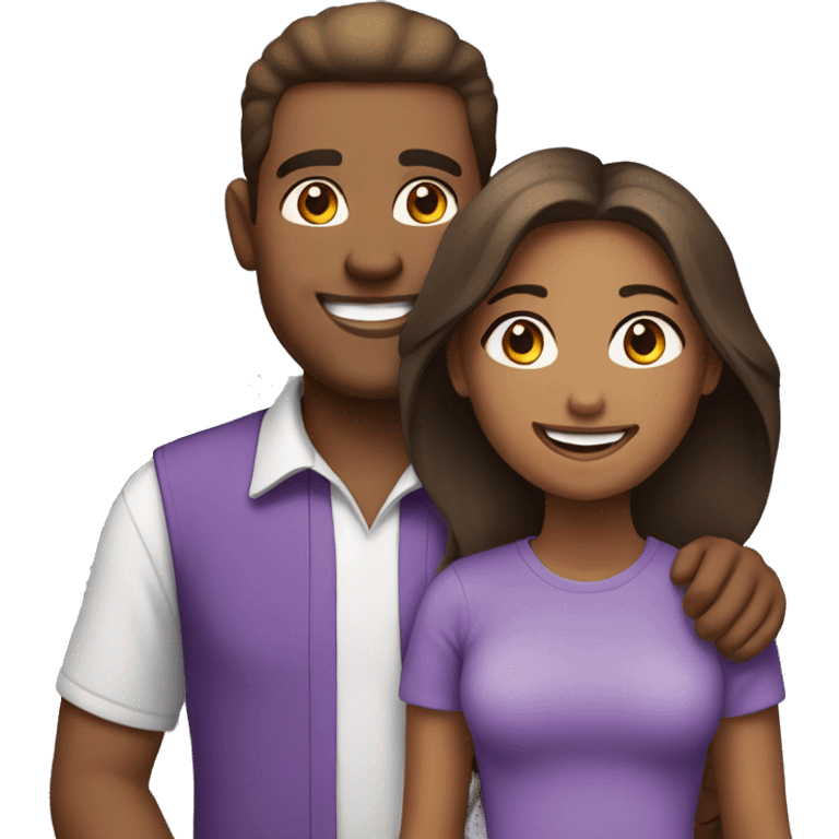 Brownskin girl with white man smiles in purple shirts emoji