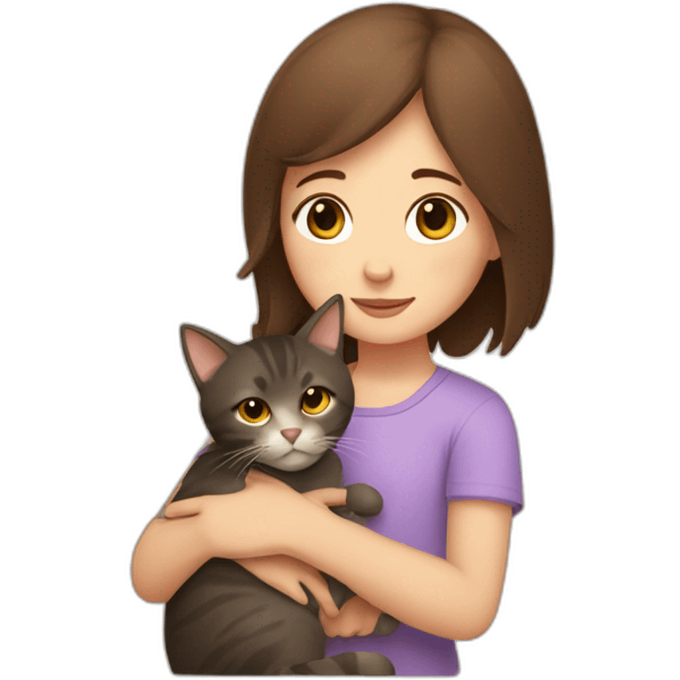 Girl with brown shoulder length hair cuddling a cat emoji