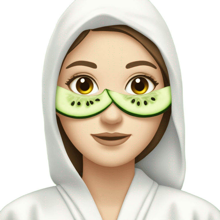 White girl with Brown hair and blue eyes wears a Green colored clay mask( skincare) and puts on cucumbers around her eyes while She relaxes in her white Robe emoji