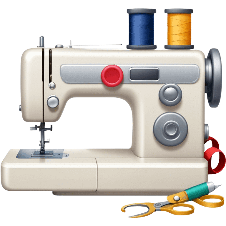 Sewing icon, sewing machine with thread, visible needle, spools of thread, fabric pieces cut according to patterns, scissors, and measuring tape, a piece of clothing in progress, minimalistic style, clean lines, transparent background. emoji