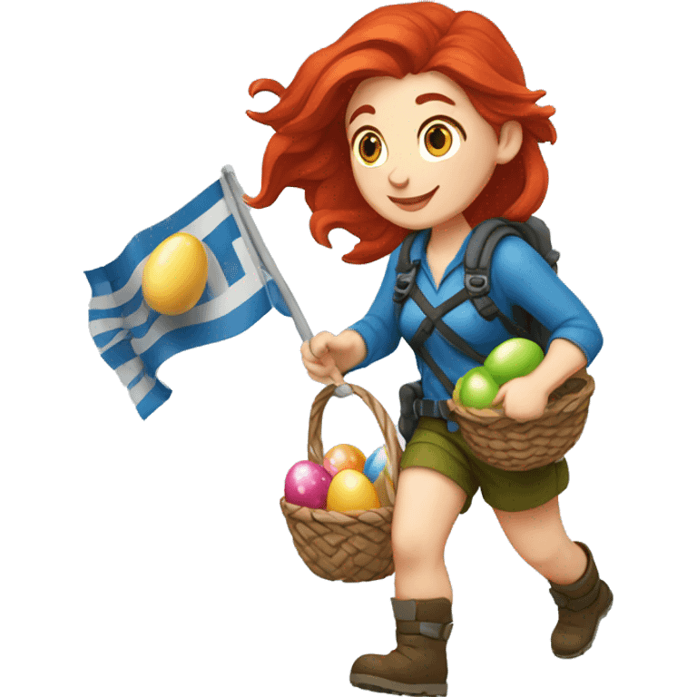 Female mountaineer red hair climbing with the real Greek flag and holding Easter eggs basket emoji