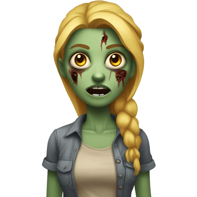 “Female zombie with greenish-gray skin, large yellow eyes, open mouth, and an exposed wound on the left cheek. Red-tinged blonde hair and a neutral-toned shirt.” emoji