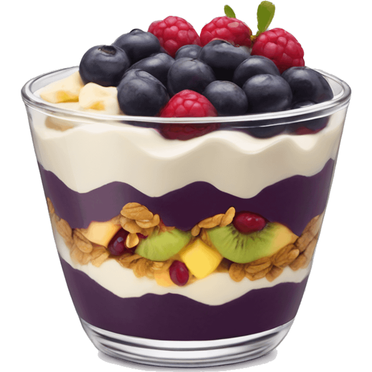 Açaí in a clear cup with layers of fruits and granola and condensed milk emoji