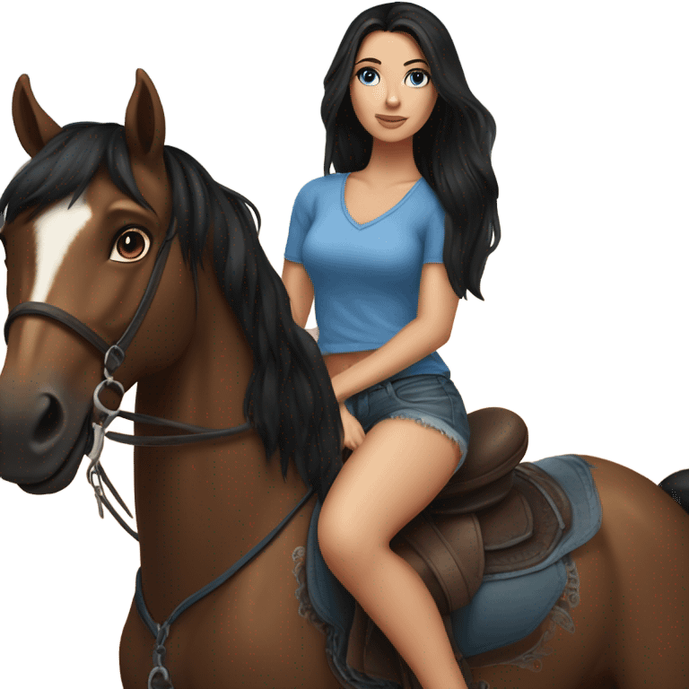 very pretty brunette with blue eyes and long black hiar wearing shorts and a thigh tattoo riding big brown horse  emoji