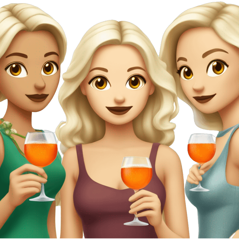 Four beautiful white european girls, one with blond hair and three with dark blond hair in dresses drinking aperol emoji