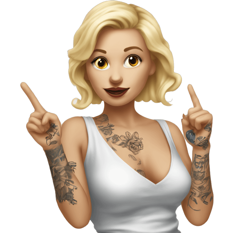 Blonde elegant women, her Body Covered with Tattoos, POINTING YOU FORWARD with her HAND with INDEX FINGER, Hyper realistic emoji