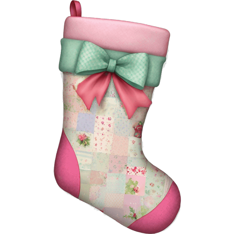 Coquette/cottage style Christmas stocking with pastel patchwork mini floral patterns and a pink bow emoji