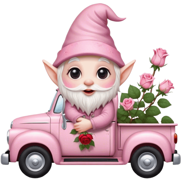 An adorable little pale pink Valentine’s Day style gnome with large glistening eyes, holding a rose with hearts in the background riding in the back of a beat up old pick up truck emoji