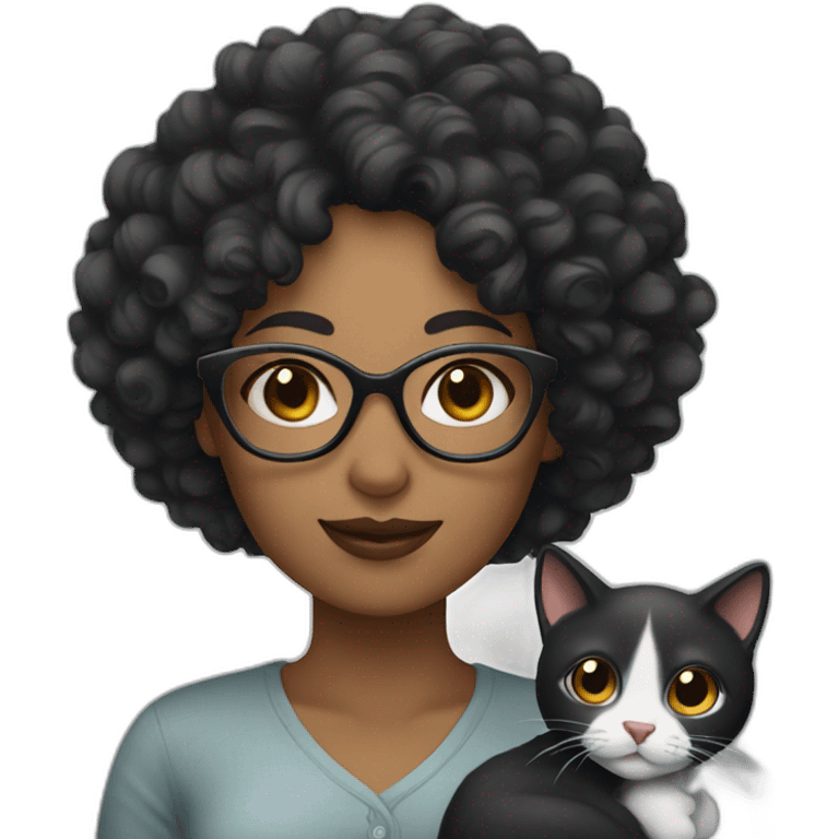 Curly woman with black hair and glasses, big nose, holding a gray cat emoji