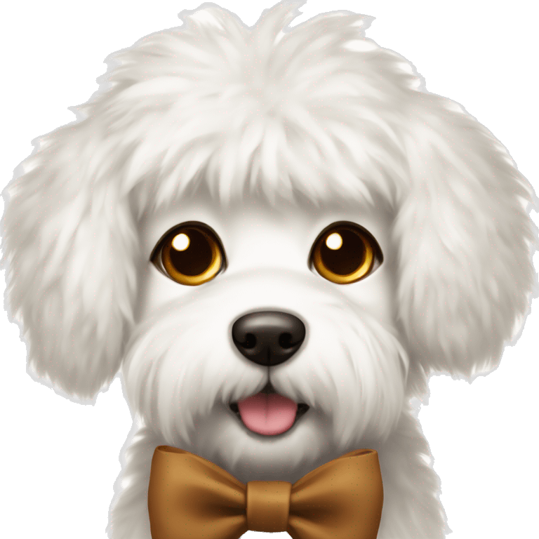 fluffy white dog with brown fur around eyes with bow emoji