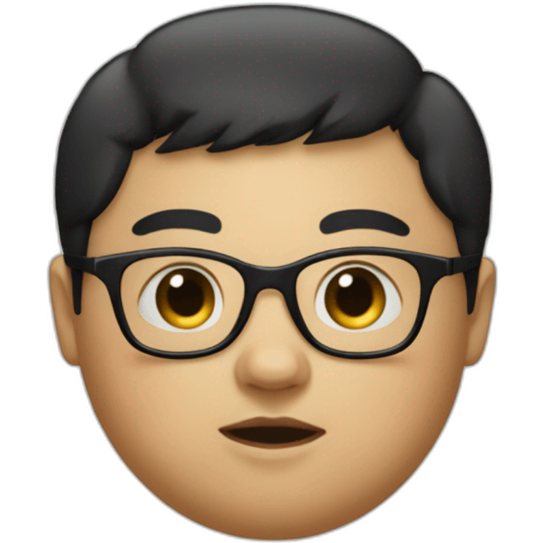 A fat kid with very short black hair and glasses and a bed in the bacl emoji