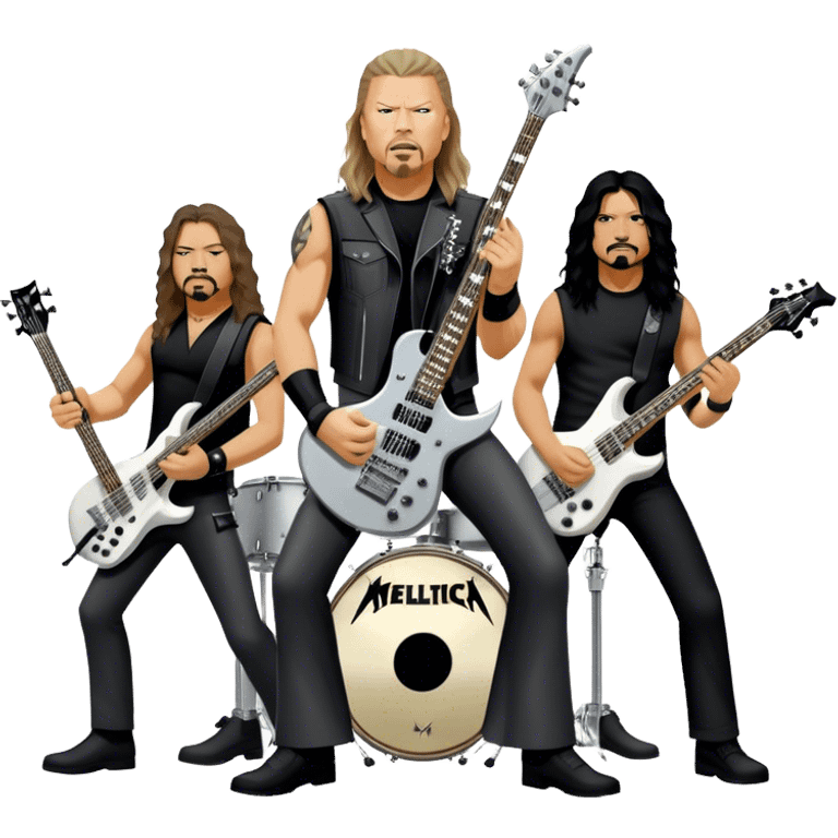 Icon for Metal Music: Metallica band members detailed in their signature look. James Hetfield with guitar, Lars Ulrich on drums, Kirk Hammett with his electric guitar, and Robert Trujillo playing bass. Bold, energetic style with musical notes, all in a heavy metal aesthetic. Transparent background. emoji