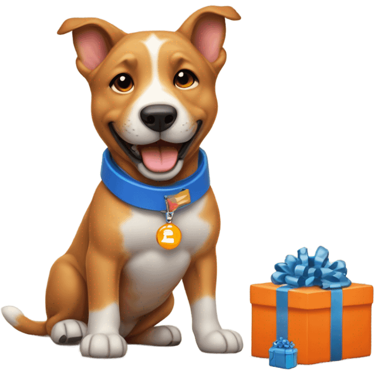 happy cute american stafford with simple blue collar with orange pendant from half side perspective with many presents and gifts around him emoji